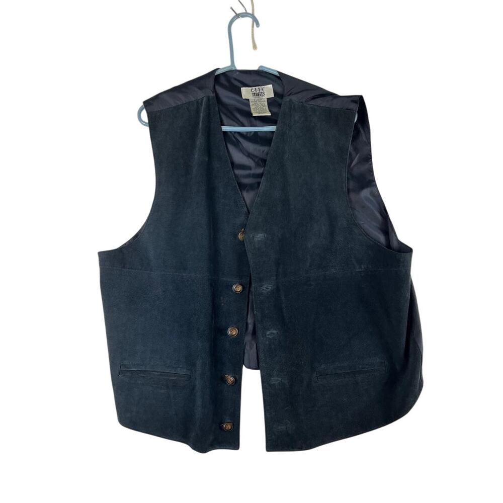 City Streets Leather Vest XL Navy Blue Button Front Genuine Leather Men's